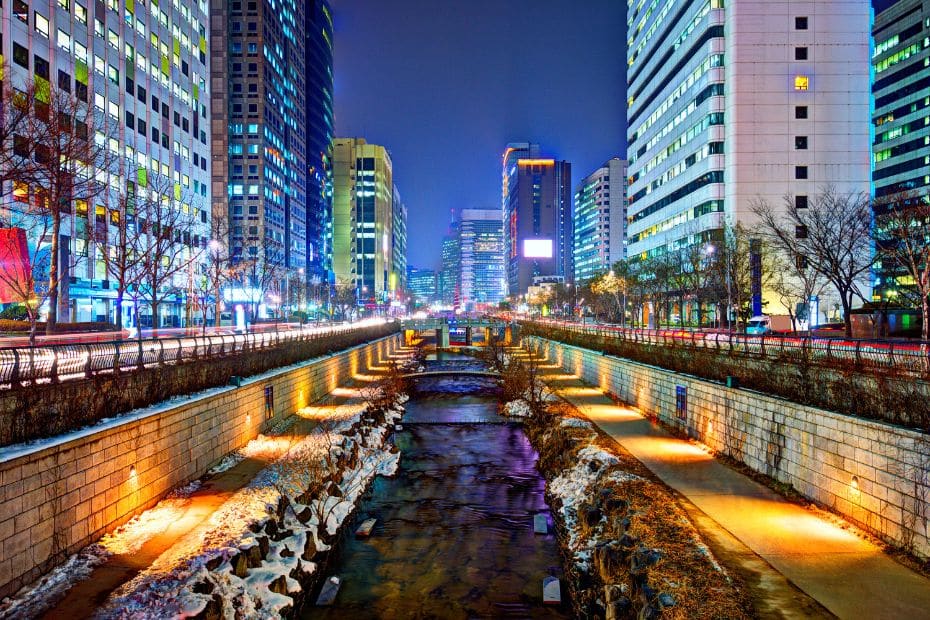 Cheonggyecheon Stream in Seoul with night lights