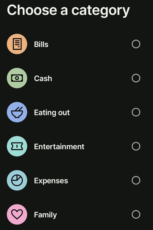 Expenditure categories in the Wise app