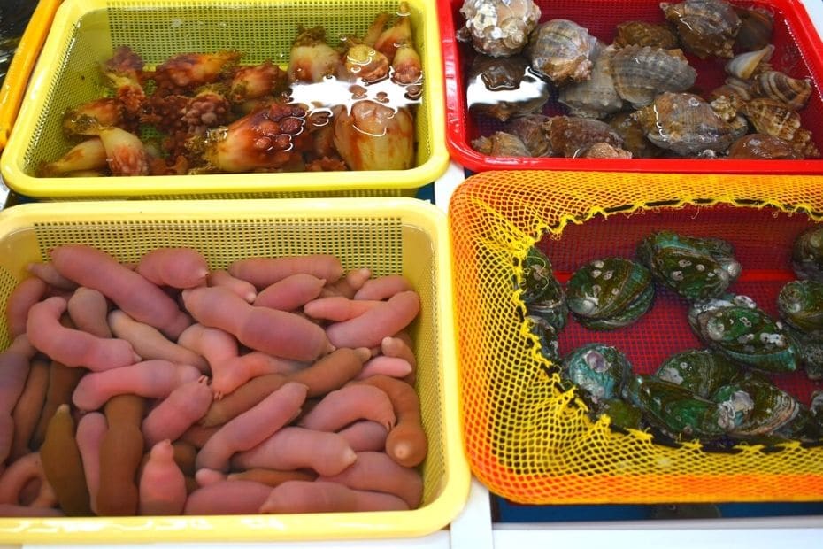 Various Korean seafood for sale in a market in Busan