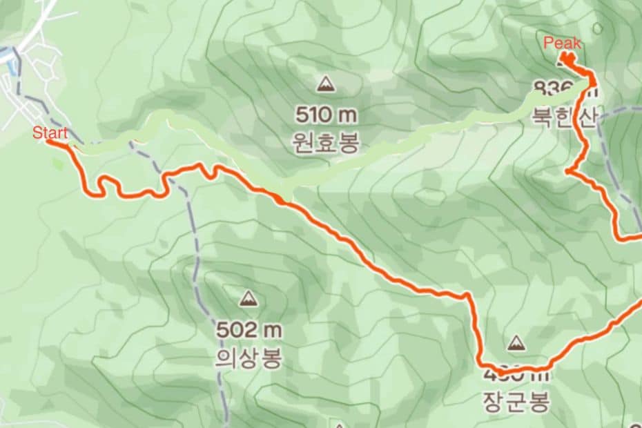 Topographical map of Baegundae Peak Easy Course