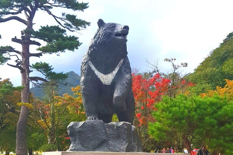 Bear statue and autumn leaves at Seoraksan National Park, Korea