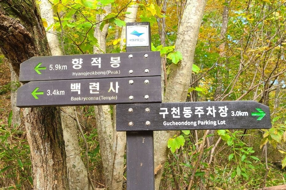 Signposts on a Korean hiking trail