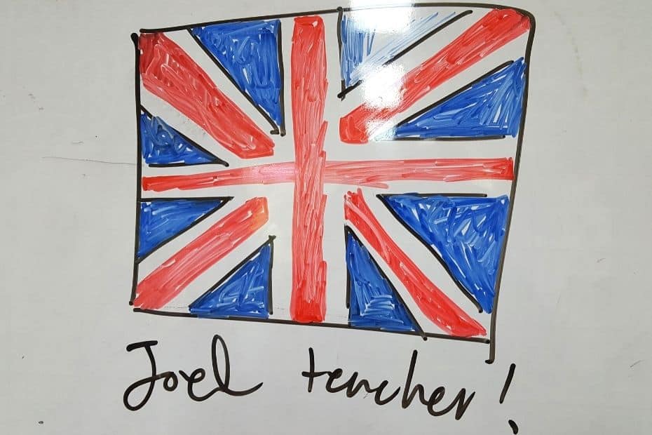 British flag with Joel Teacher - a title earned in my EPIK life