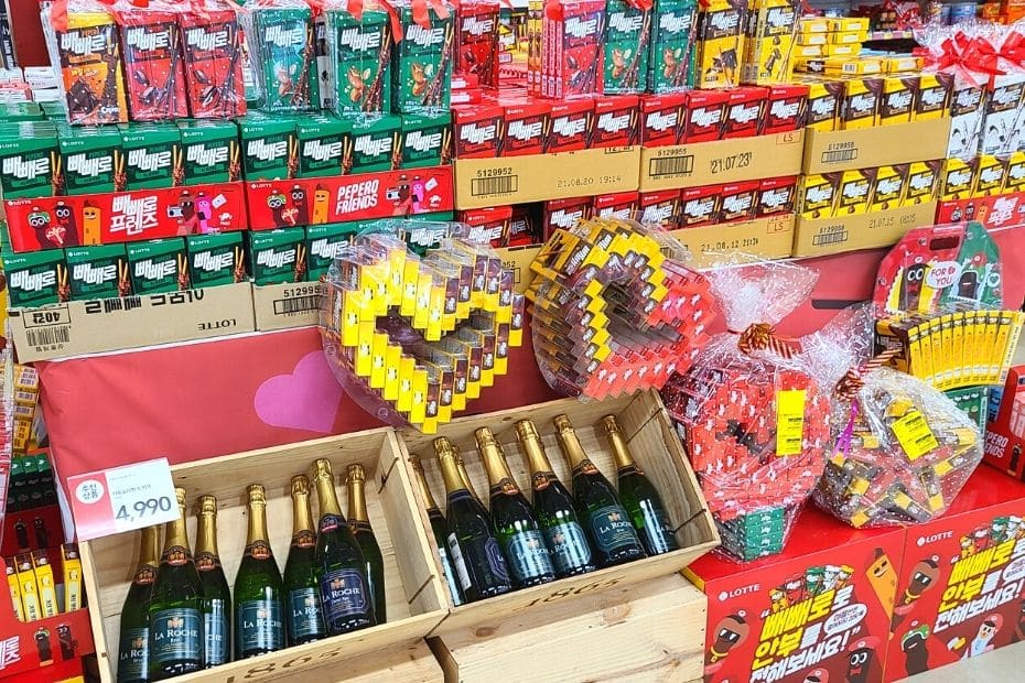 Supermarket display with various gifts for Pepero Day in Korea